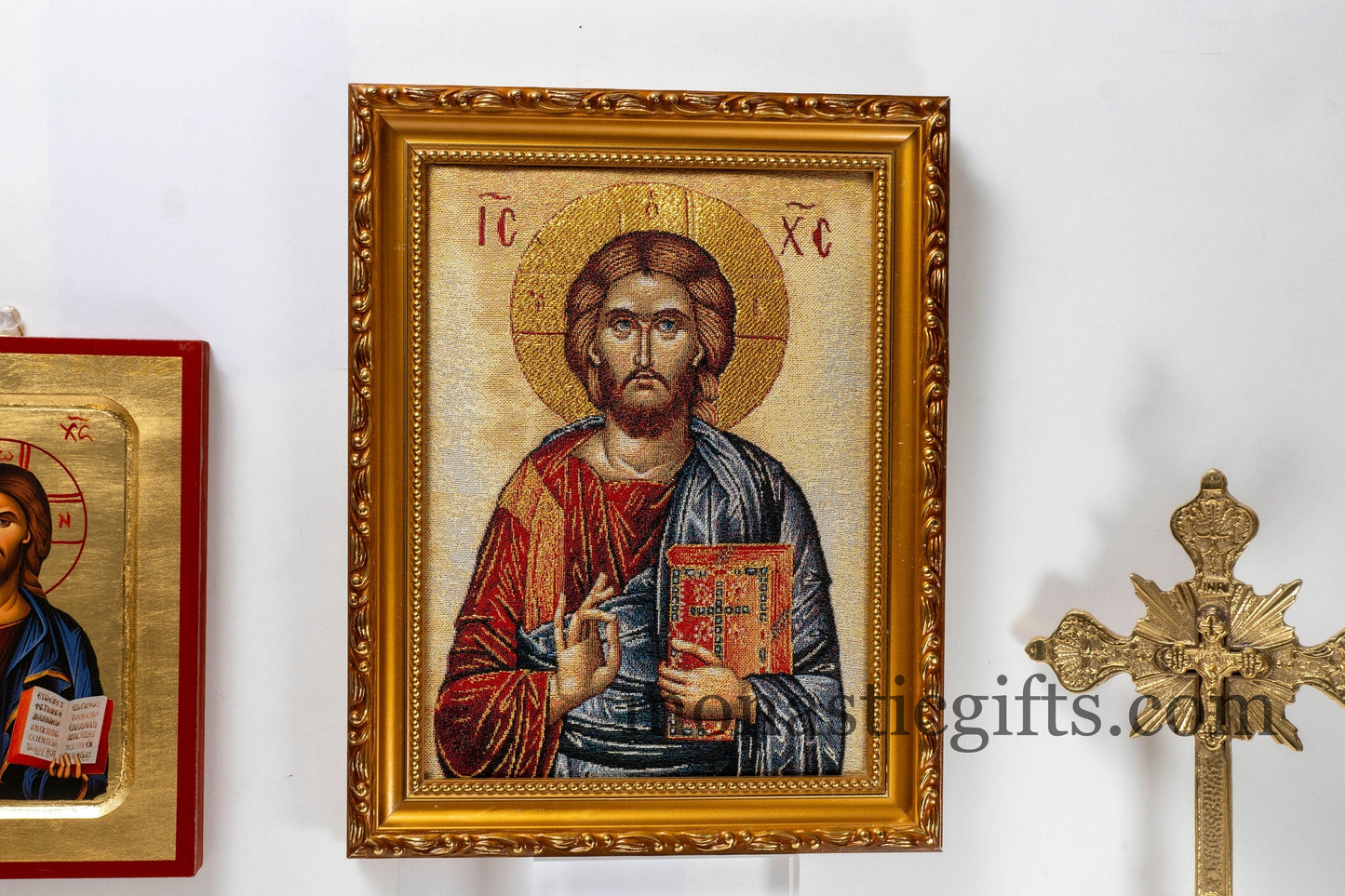 Embroidered Orthodox icon in a frame with Jesus Christ , art wall hanging on wood plaque amazing idea for orthodox gift.