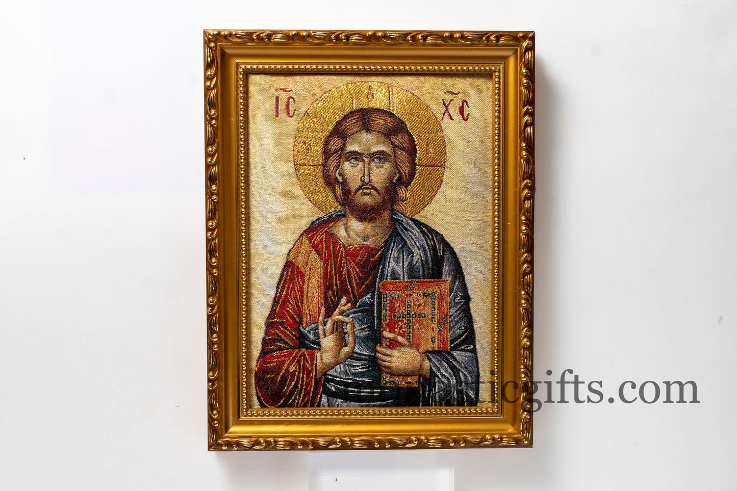 Embroidered Orthodox icon in a frame with Jesus Christ , art wall hanging on wood plaque amazing idea for orthodox gift.