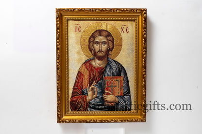 Embroidered Orthodox icon in a frame with Jesus Christ , art wall hanging on wood plaque amazing idea for orthodox gift.