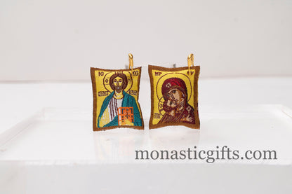 Pair of 2 Orthodox Special Amulets Rectangular pendant with Jesus Christ and Mother of God and with prayers on the back ,FIlachto ,Filakto.