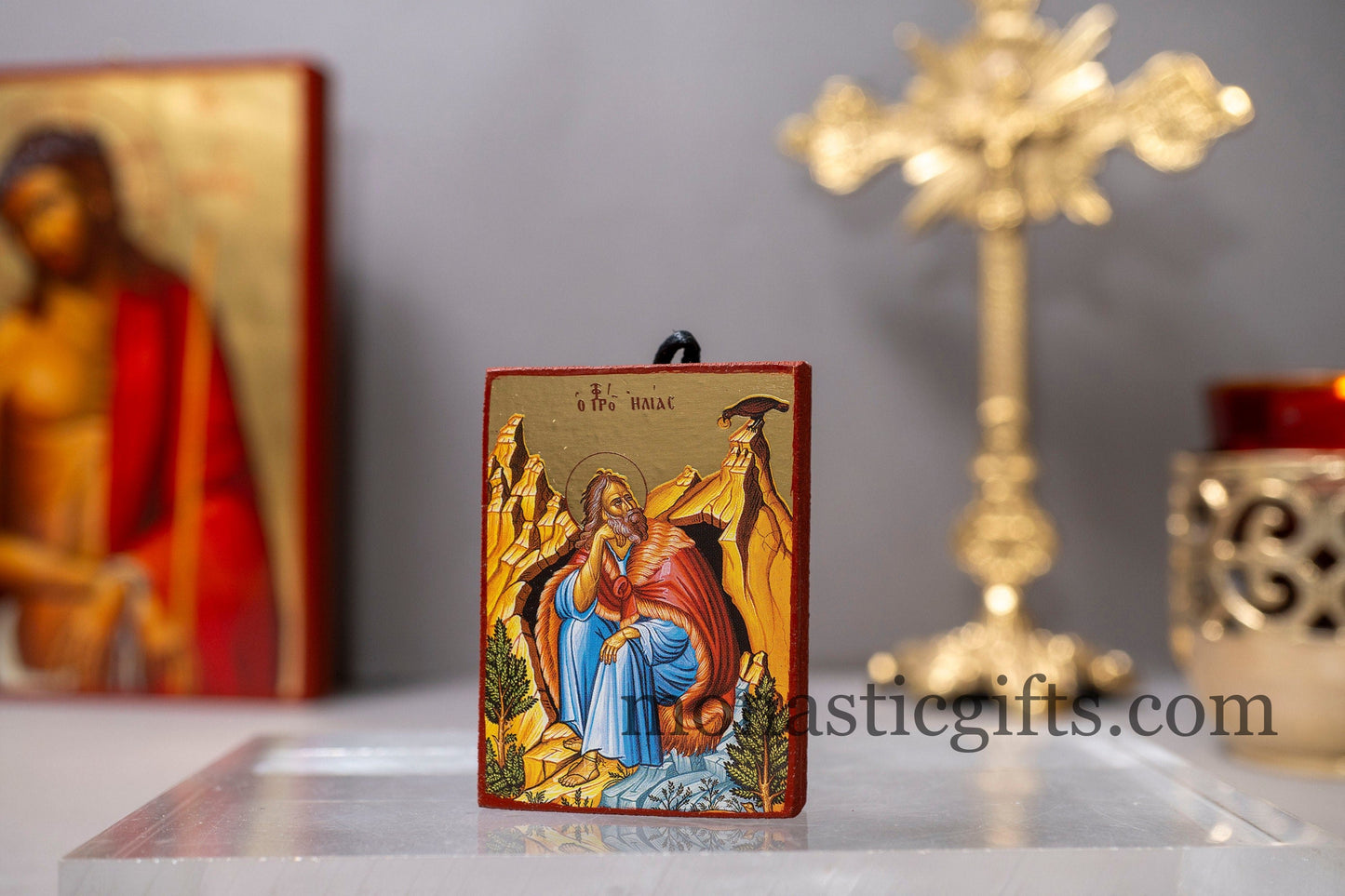 Small Wooden Orthodox icon with amazing details of Prophet Elijah, Saint Elijah Icon in Golden Leaf ,amazing idea for orthodox gift