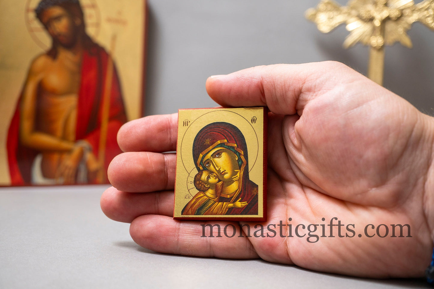 Small Wooden Orthodox icon with amazing details The Bust of Virgin Mary In Golden leaf, wall hanging amazing idea for orthodox gift.