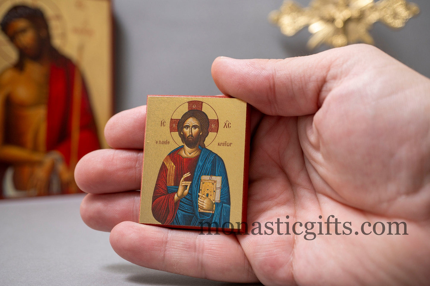 Small Wooden Orthodox icon with amazing detail of Jesus Christ (The Pantocrator) In Golden leaf, wall hanging amazing idea for orthodox gift