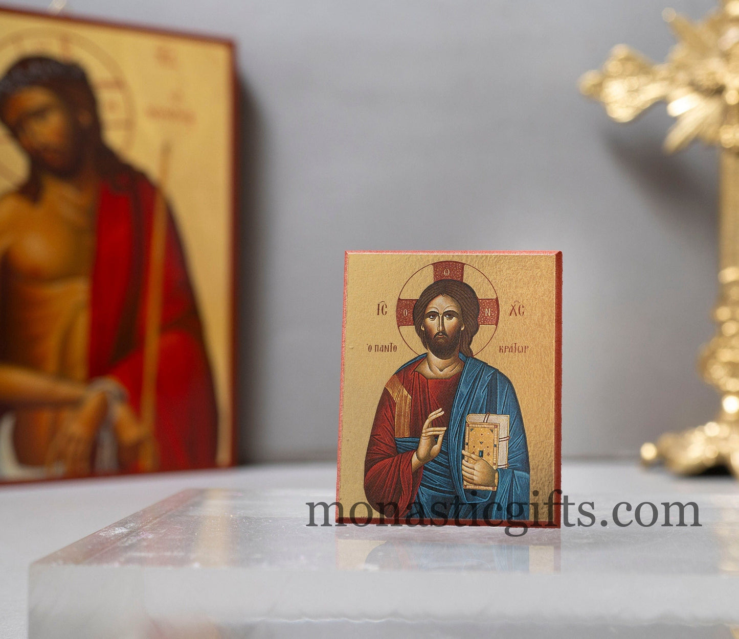 Small Wooden Orthodox icon with amazing detail of Jesus Christ (The Pantocrator) In Golden leaf, wall hanging amazing idea for orthodox gift