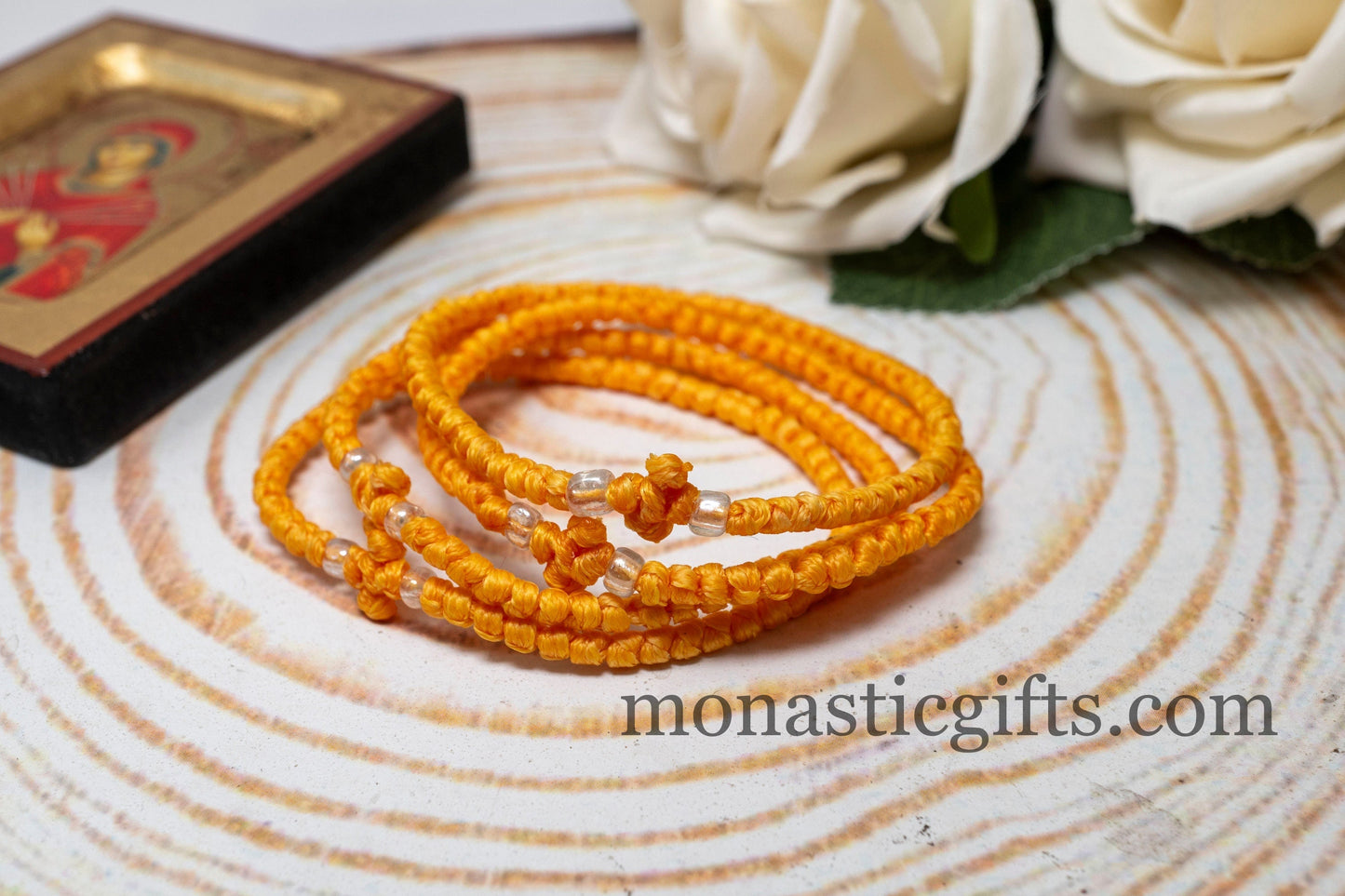 Authentic Komboskini Orange Color 1Pcs - Greek Orthodox Prayer Bracelet, Spiritual Prayer Rope -Thread  waxed thin with beads