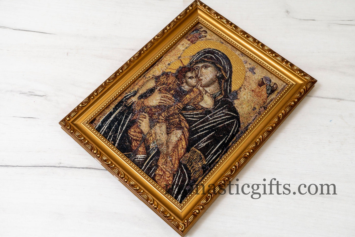 Embroidered Orthodox icon in a frame with Virgin Mary , art wall hanging on wood plaque amazing idea for orthodox gift.