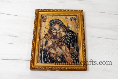 Embroidered Orthodox icon in a frame with Virgin Mary , art wall hanging on wood plaque amazing idea for orthodox gift.