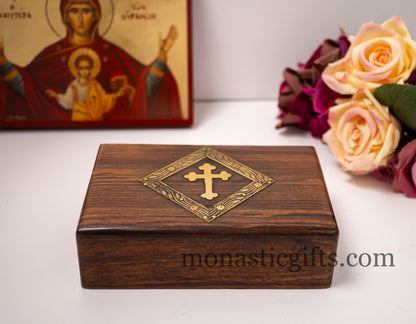 Handmade wooden Box with Christian Cross and metallic elements - - Decorative box - Rustic wood box - Jewelry box