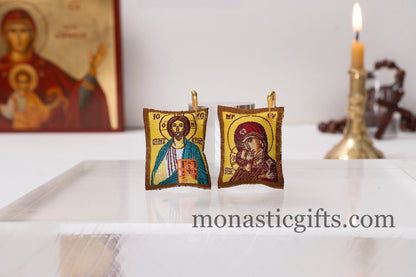 Pair of 2 Orthodox Special Amulets Rectangular pendant with Jesus Christ and Mother of God and with prayers on the back ,FIlachto ,Filakto.