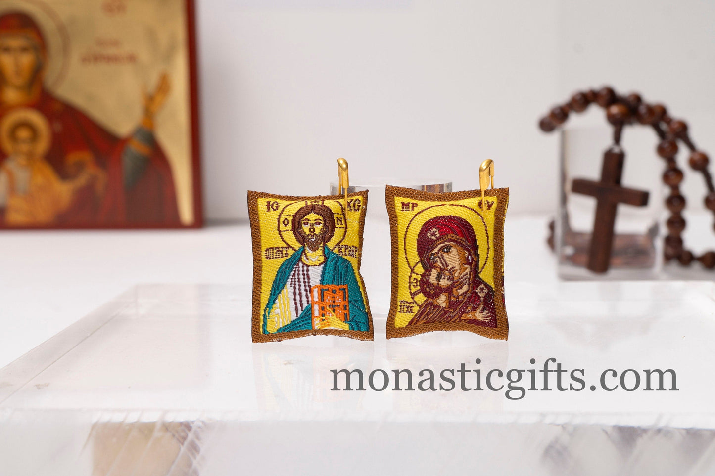 Pair of 2 Orthodox Special Amulets Rectangular pendant with Jesus Christ and Mother of God and with prayers on the back ,FIlachto ,Filakto.