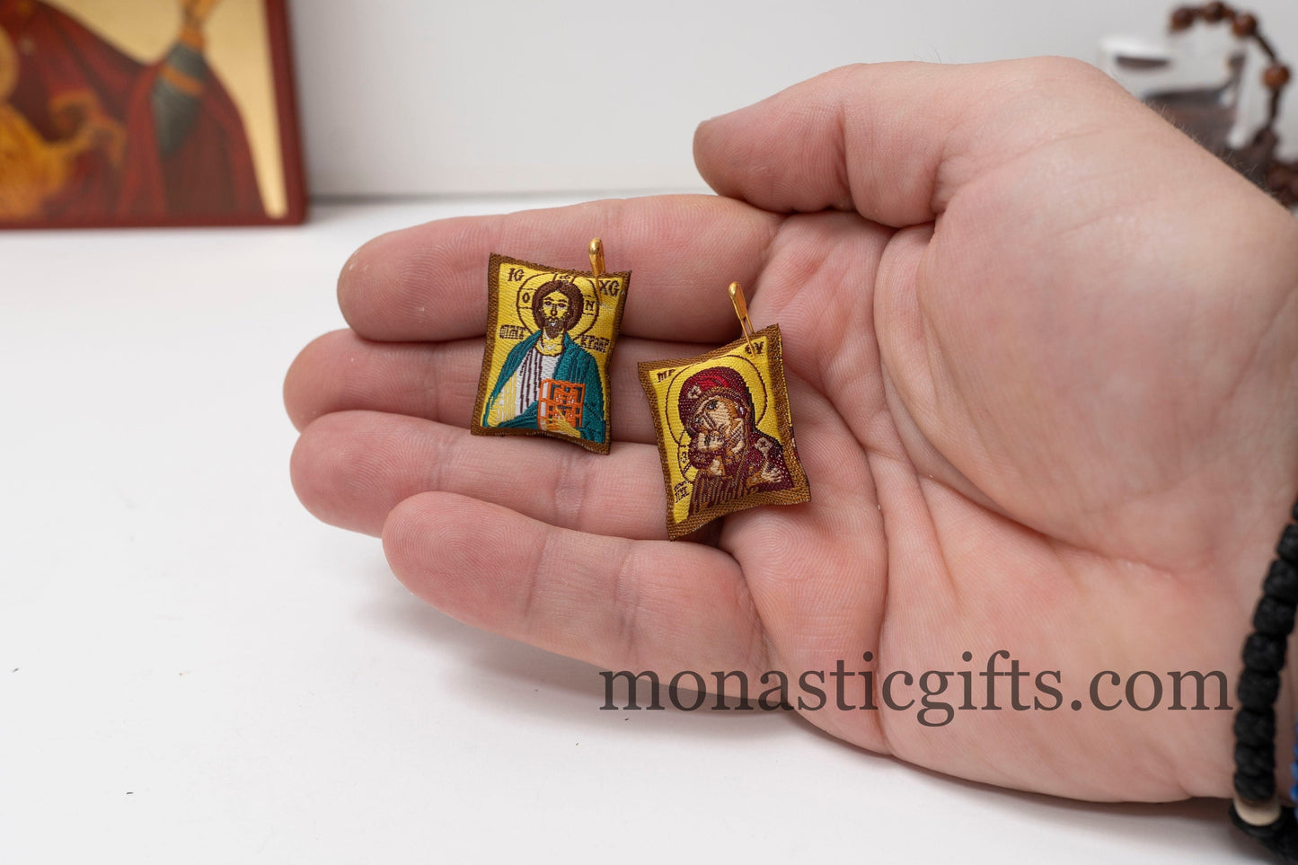 Pair of 2 Orthodox Special Amulets Rectangular pendant with Jesus Christ and Mother of God and with prayers on the back ,FIlachto ,Filakto.