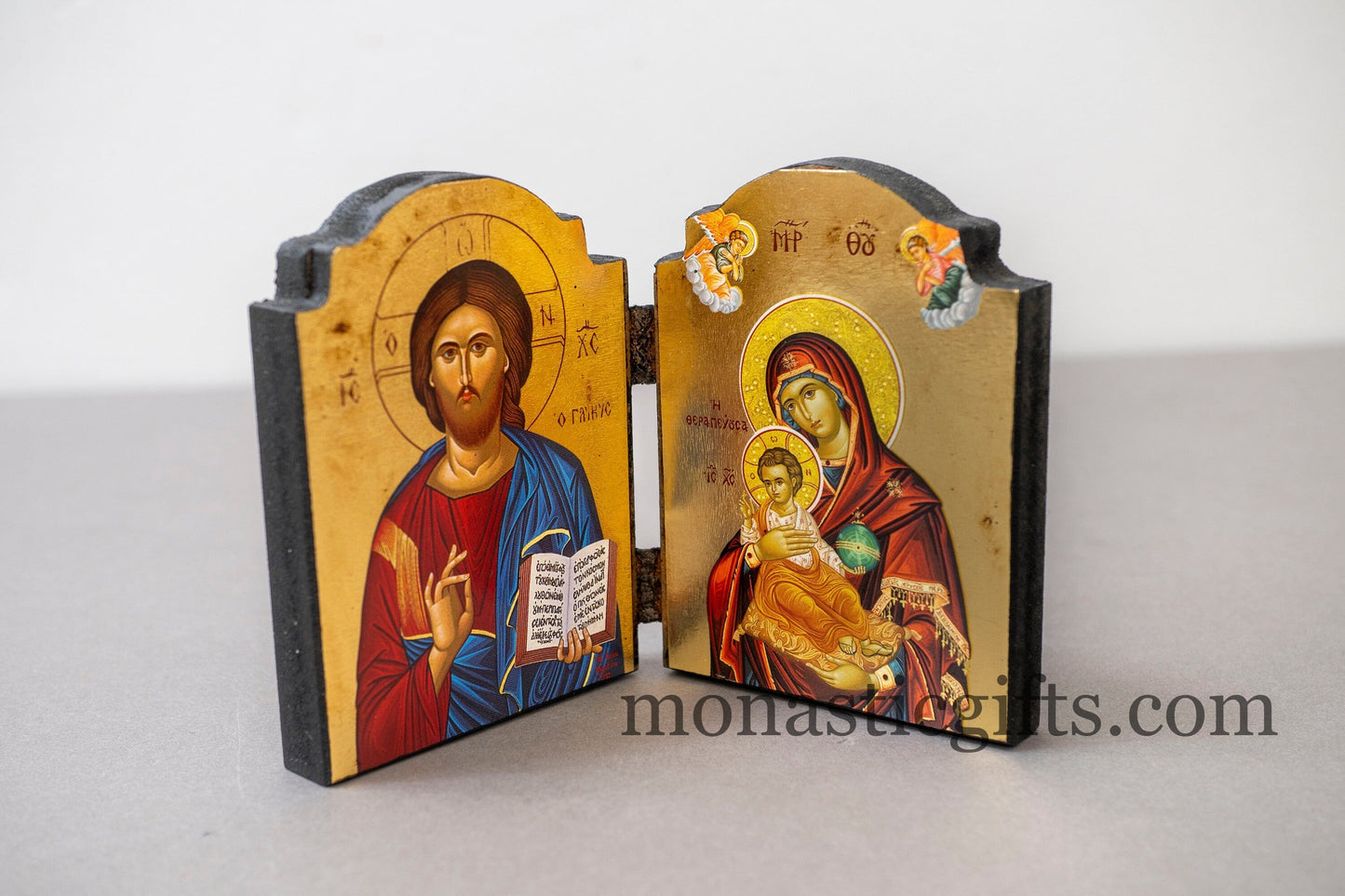 Diptych wooden Icon with Virgin Mary (The Healer)  and Jesus Christ Aging Technique  Byzantine art, Greek Orthodox Icon.