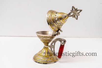 Brass Nickel, Original Heavy Incense Burner (240 - 260gr) Handmade  with handle and free Gifts