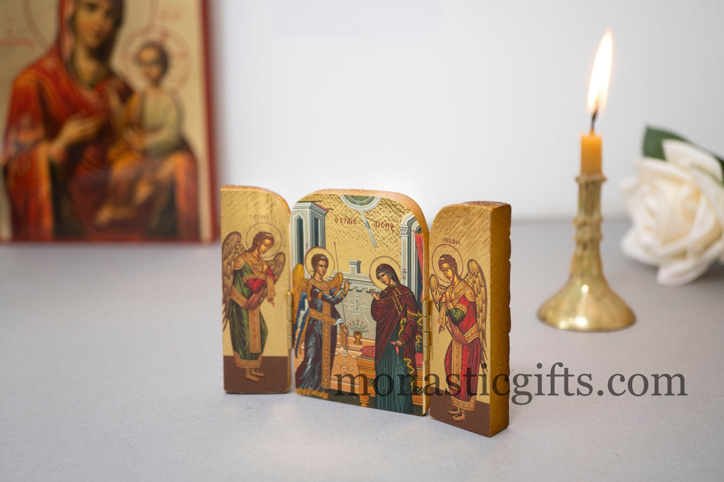 Small Triptych wooden Icon with Annunciation of the Virgin With Archangels and the Holy Theotokos , Greek Orthodox Icon