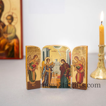 Small Triptych wooden Icon with Annunciation of the Virgin With Archangels and the Holy Theotokos , Greek Orthodox Icon