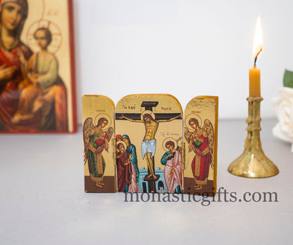 Small Triptych wooden Icon with the crucifixion  and Αngels on the Doors , Greek Orthodox Icon , Home Decor,Orthodox Gift