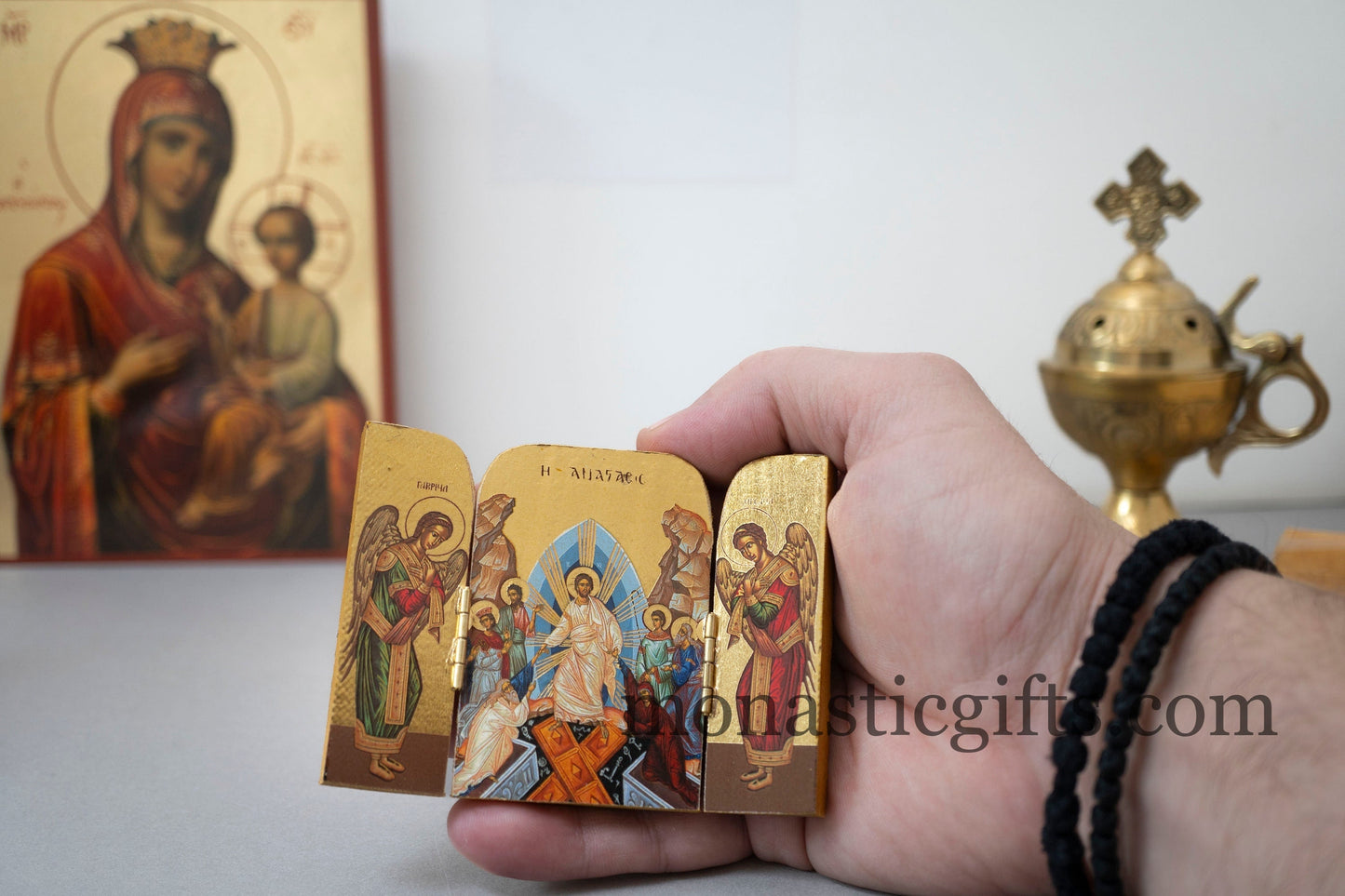 Small Triptych wooden Icon with the Ressurection of Jesus Christ  and Αngels on the Doors , Greek Orthodox Icon , Home Decor,Orthodox Gift