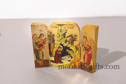 Small Triptych wooden Icon with the Birth of Jesus Christ  and Αngels on the Doors , Greek Orthodox Icon , Home Decor,Orthodox Gift