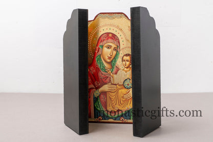 Triptych wooden Icon With Virin Mary Of jerusalem and Archangels (Michaeland Gabriel) on the doors, Greek Orthodox Icon