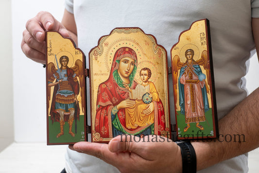 Triptych wooden Icon With Virin Mary Of jerusalem and Archangels (Michaeland Gabriel) on the doors, Greek Orthodox Icon