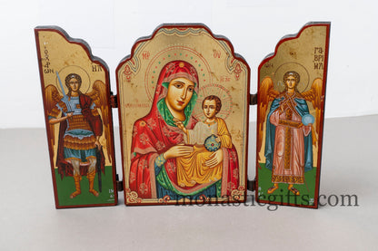 Triptych wooden Icon With Virin Mary Of jerusalem and Archangels (Michaeland Gabriel) on the doors, Greek Orthodox Icon