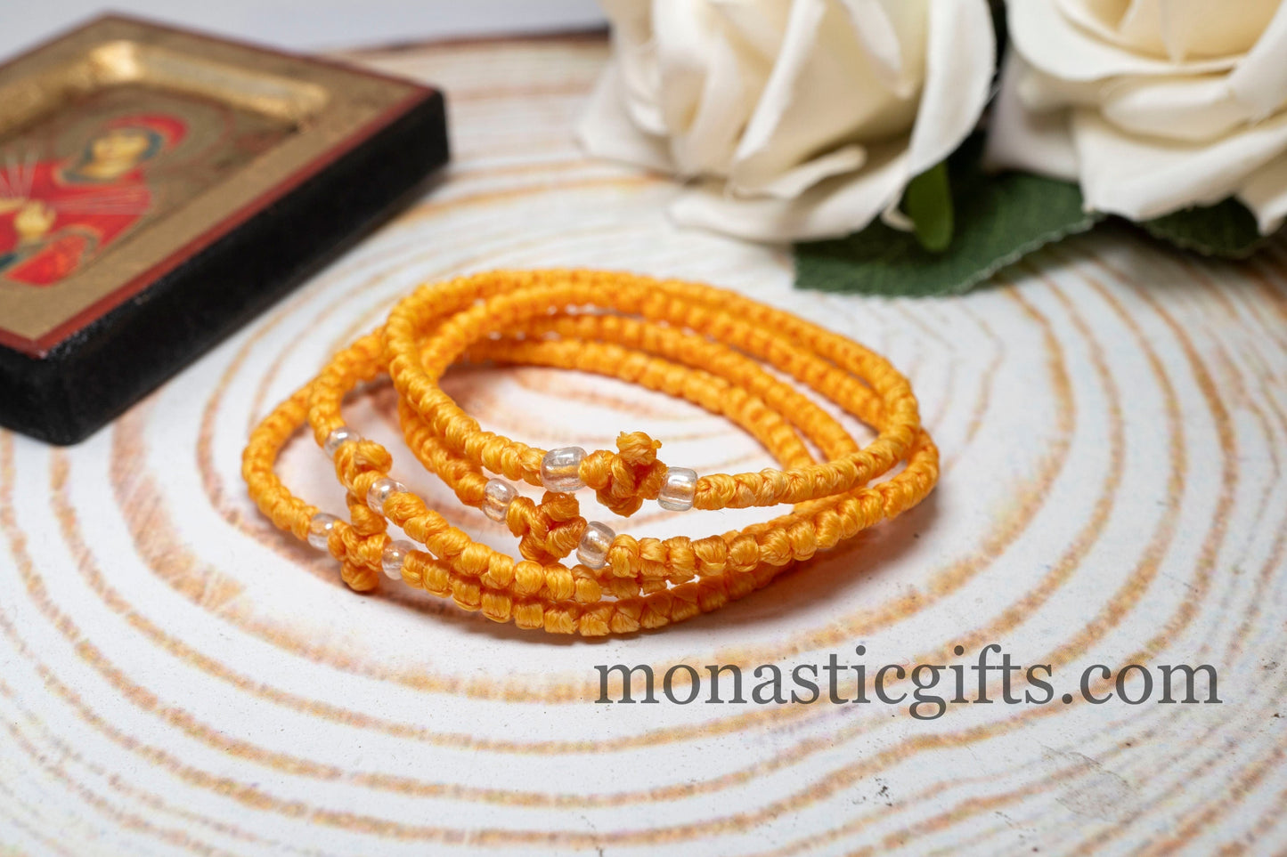 Authentic Komboskini Orange Color 1Pcs - Greek Orthodox Prayer Bracelet, Spiritual Prayer Rope -Thread  waxed thin with beads