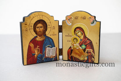 Diptych wooden Icon with Virgin Mary (The Healer)  and Jesus Christ Aging Technique  Byzantine art, Greek Orthodox Icon.