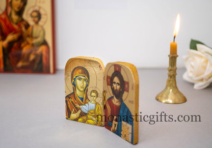 Diptych small  wooden Icon with the Jesus Christ  and the Holy Theotokos , Greek Orthodox Icon , Home Decor,Orthodox Gift