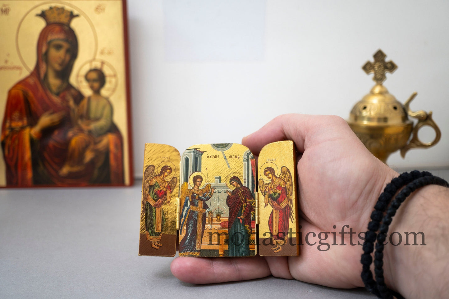 Small Triptych wooden Icon with Annunciation of the Virgin With Archangels and the Holy Theotokos , Greek Orthodox Icon