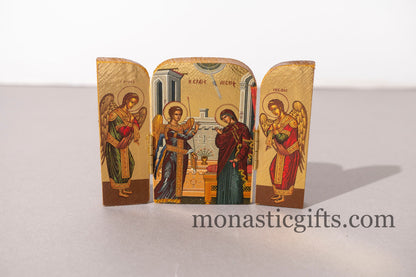 Small Triptych wooden Icon with Annunciation of the Virgin With Archangels and the Holy Theotokos , Greek Orthodox Icon