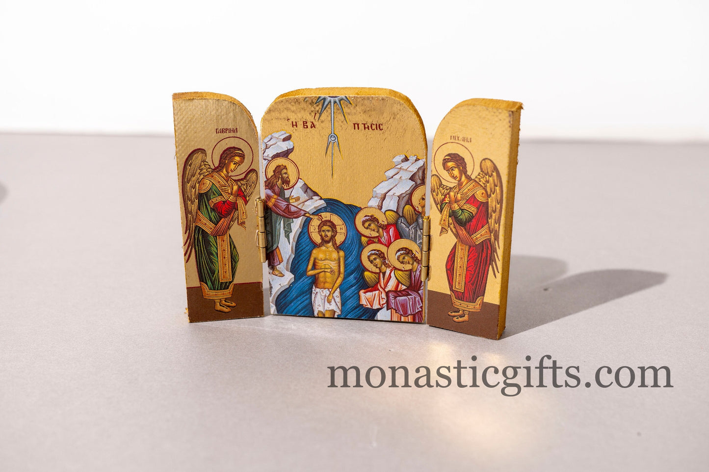 Small Triptych wooden Icon with the Baptism of Jesus Christ   and Αngels on the Doors , Greek Orthodox Icon , Home Decor,Orthodox Gift