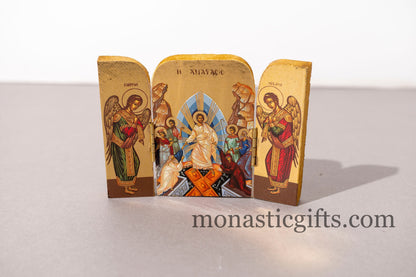 Small Triptych wooden Icon with the Ressurection of Jesus Christ  and Αngels on the Doors , Greek Orthodox Icon , Home Decor,Orthodox Gift