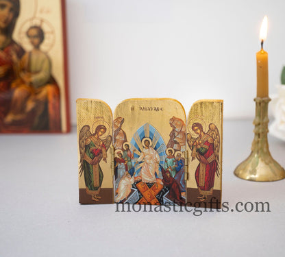 Small Triptych wooden Icon with the Ressurection of Jesus Christ  and Αngels on the Doors , Greek Orthodox Icon , Home Decor,Orthodox Gift