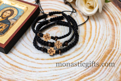 Authentic Bracelet with engraved Wood Cross in both sides (1Pcs) Knitted with wooden beads Adjustable for All Wrist Sizes.