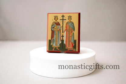 Small Wooden Icon with Saints Konstantine and Helen ( Κωνσταντίνος και Ελένη) Icon in Golden Leaf ,amazing idea for orthodox gift