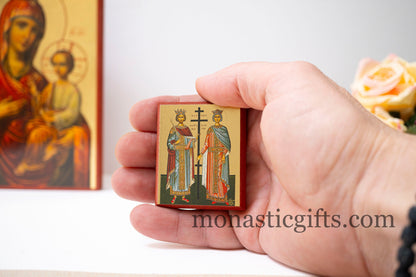 Small Wooden Icon with Saints Konstantine and Helen ( Κωνσταντίνος και Ελένη) Icon in Golden Leaf ,amazing idea for orthodox gift