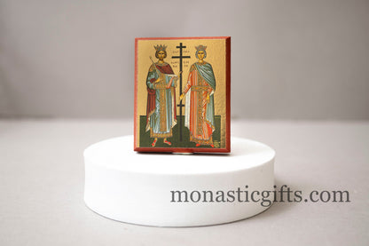 Small Wooden Icon with Saints Konstantine and Helen ( Κωνσταντίνος και Ελένη) Icon in Golden Leaf ,amazing idea for orthodox gift