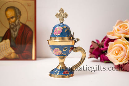 Enamel Coated Brass Incense Burner featuring a blend of Blue and Red hues, Original Burner and Heavy (230gr) Handmade - With free Gifts