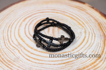 Komboskini  in Black Color with cross and Beads from Bloodstone 1Pcs - Greek Orthodox Prayer Bracelet, Spiritual Prayer Rope.