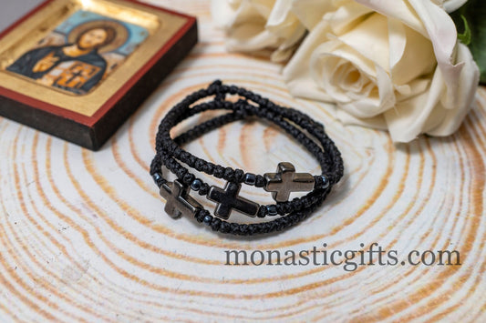 Komboskini  in Black Color with cross and Beads from Bloodstone 1Pcs - Greek Orthodox Prayer Bracelet, Spiritual Prayer Rope.