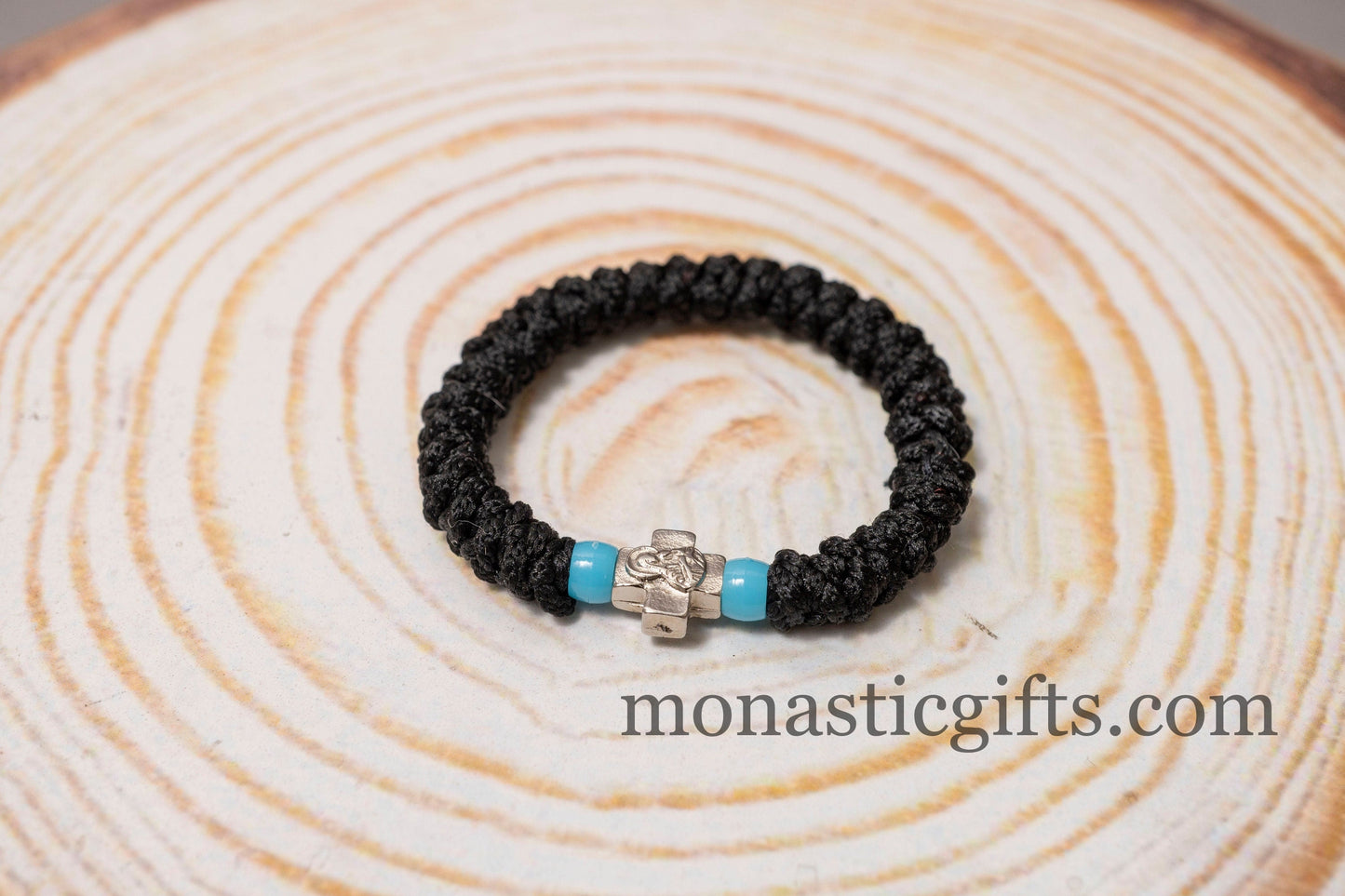 Authentic Greek elastic Komboskini with 33 Knots (1Pcs) In black Color with Cyan Beads from Mount Athos Prayer - Orthodox Gift