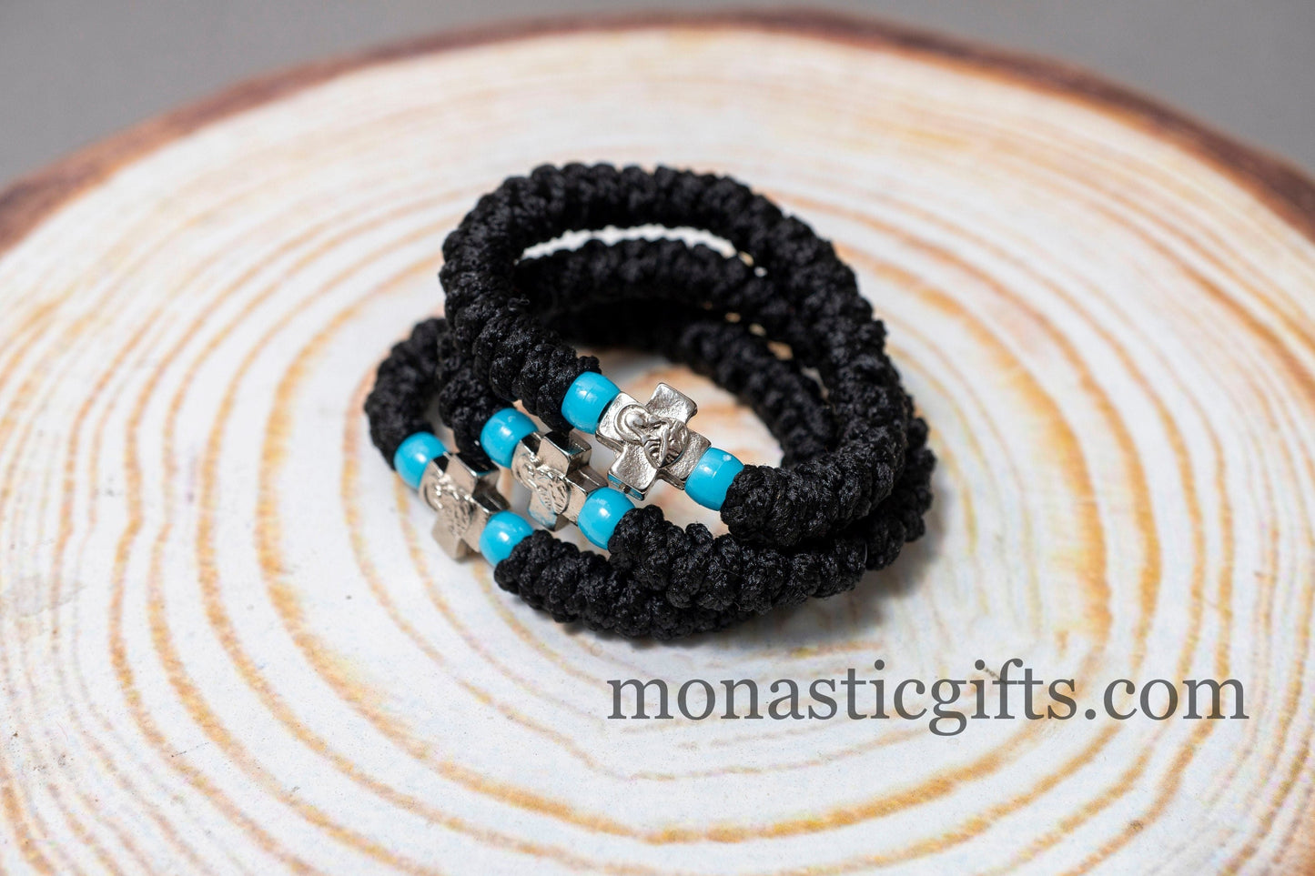 Authentic Greek elastic Komboskini with 33 Knots (1Pcs) In black Color with Cyan Beads from Mount Athos Prayer - Orthodox Gift