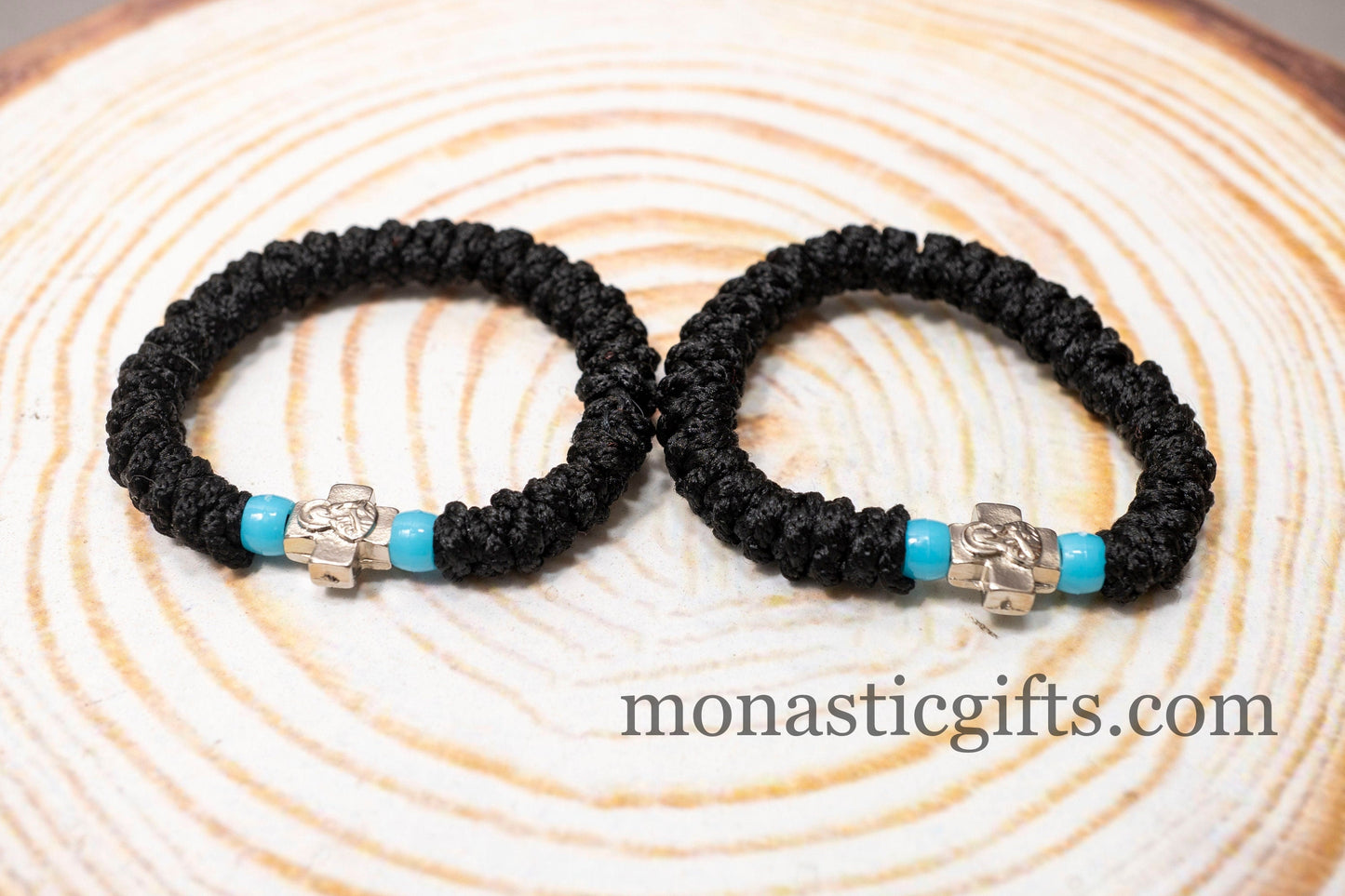 Authentic Greek elastic Komboskini with 33 Knots (1Pcs) In black Color with Cyan Beads from Mount Athos Prayer - Orthodox Gift