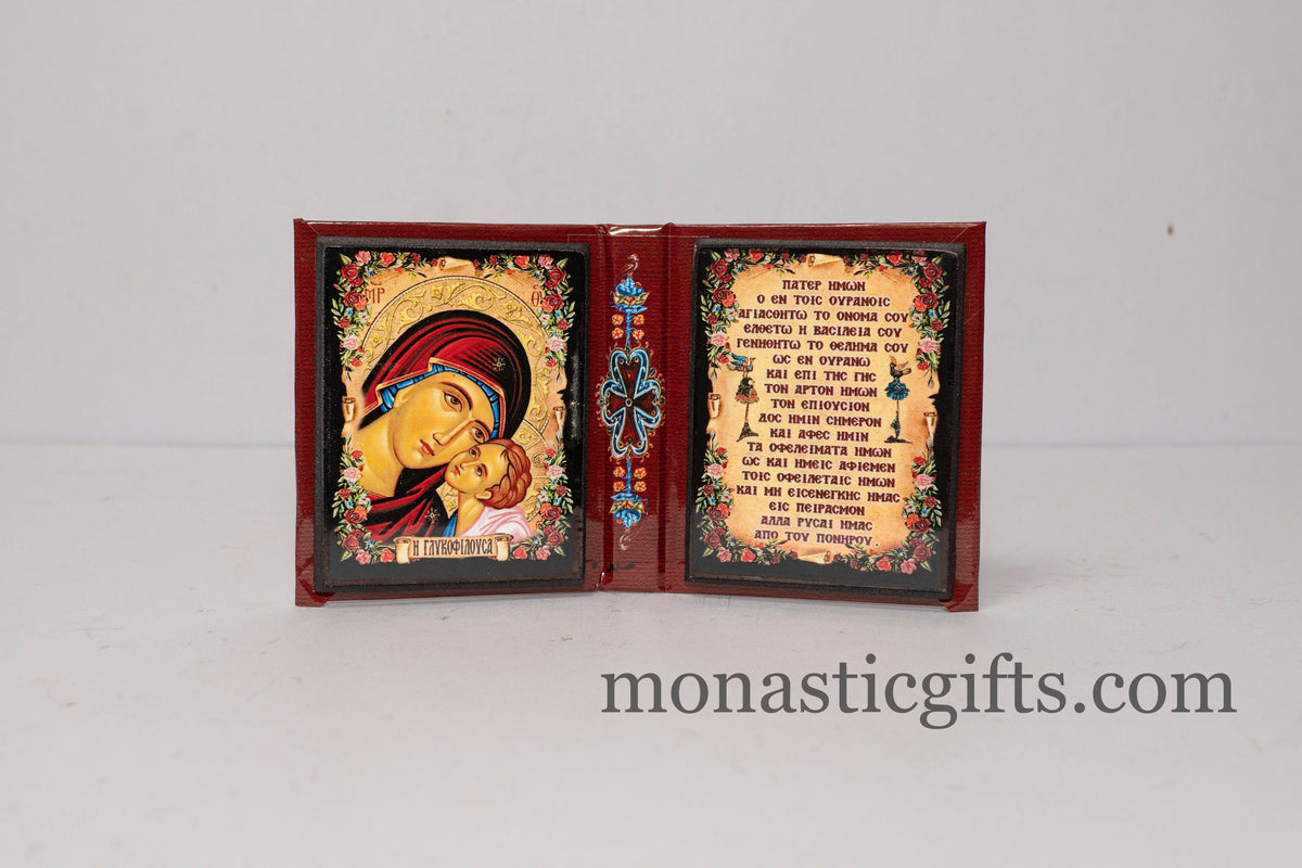 Handcrafted palm sized pocket Gospel style wooden folding diptych Orthodox icon of the Virgin Mary, Greek Lord's Prayer, and Archangel Michael for travel and home iconostasis