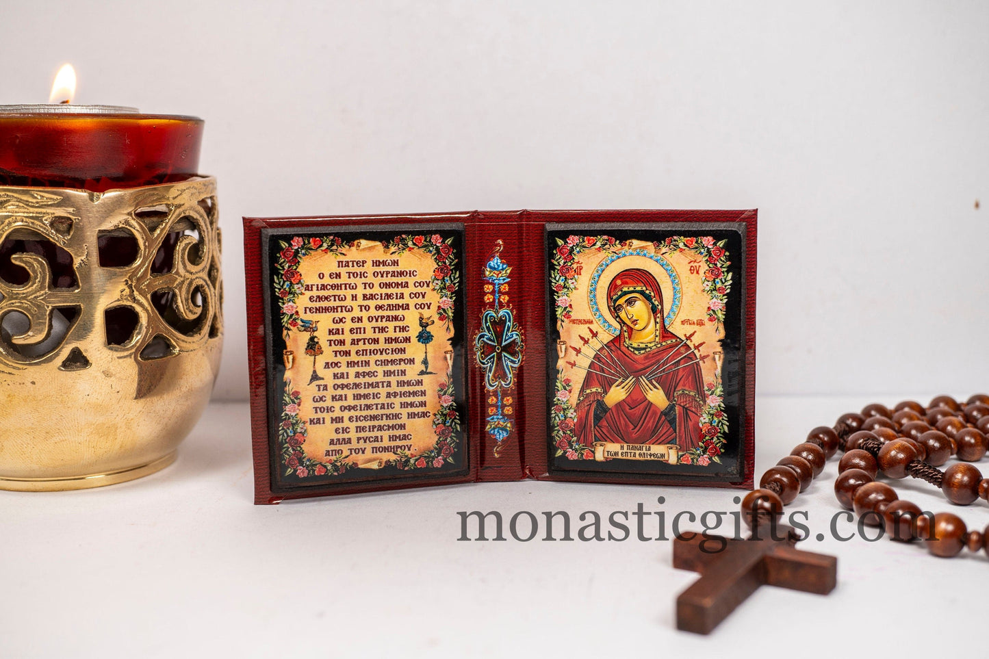 Handcrafted palm sized pocket Gospel style wooden folding diptych Orthodox icon of the Virgin Mary, Greek Lord's Prayer, and Archangel Michael for travel and home iconostasis