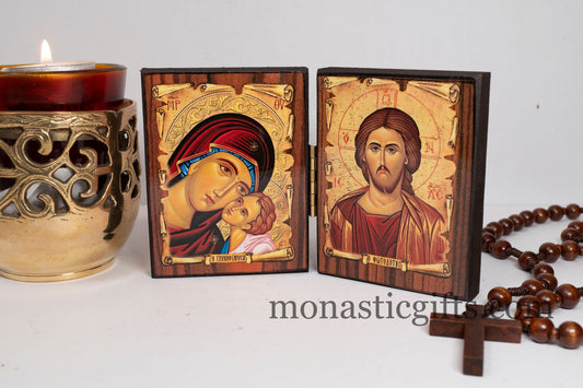 Handcrafted palm sized pocket unfolded scroll wooden folding diptych Orthodox icon of the Virgin Mary and Jesus Christ for travel and home iconostasis