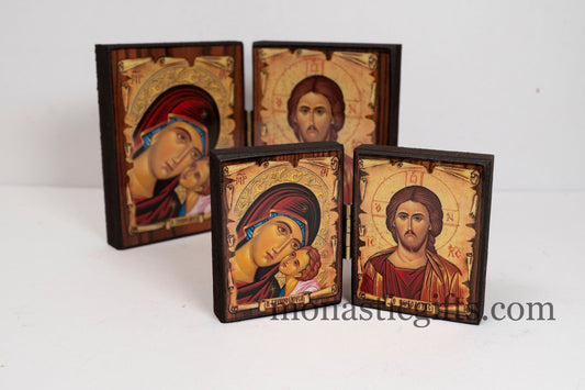 Diptych wooden Icon with the Bust of  Virgin Mary  and  Jesus Christ the Blessing. Greek Orthodox Icon , Home Decor,Orthodox Gift.