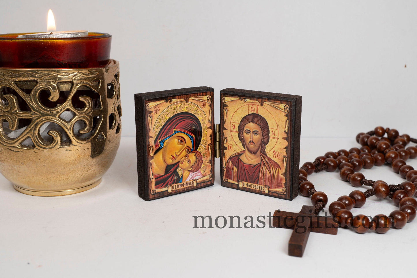 Diptych wooden Icon with the Bust of  Virgin Mary  and  Jesus Christ the Blessing. Greek Orthodox Icon , Home Decor,Orthodox Gift.