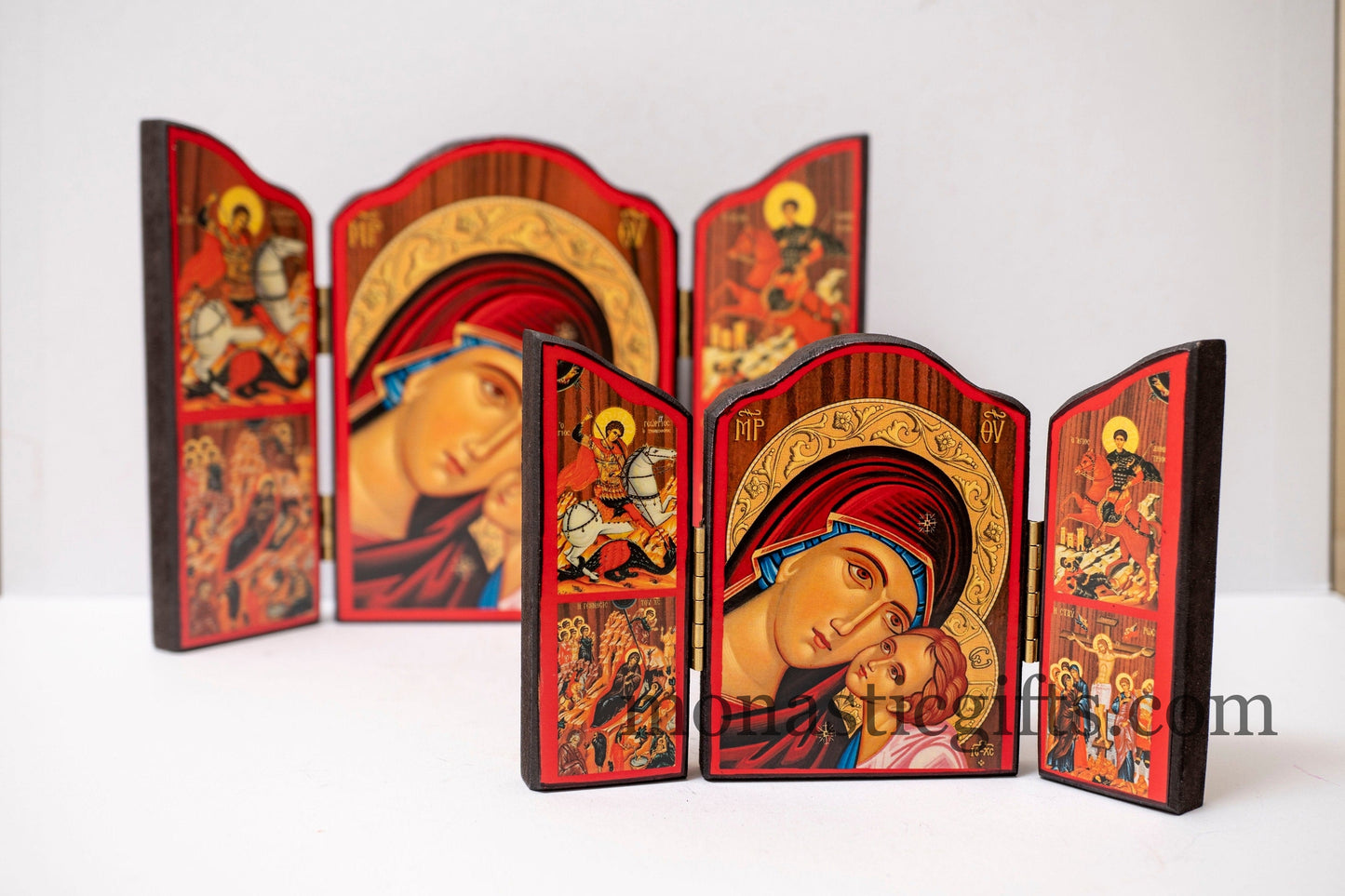 Triptych wooden Icon of Holy Theotokos with Jesus and  many themes of Byzantine icons in doors , Greek Orthodox Icon