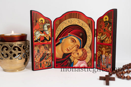 Triptych wooden Icon of Holy Theotokos with Jesus and  many themes of Byzantine icons in doors , Greek Orthodox Icon